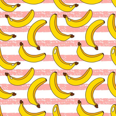 Arka planda sarı muz dikişsiz vektör deseni. Duvar kağıtları için el çizilmiş muz desen, desen dolgular, arka planlar, yüzey dokular, tekstil. ambalaj kağıdı. 