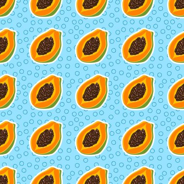 Papaya deseni. Tekstil, ambalaj kağıdı, kumaş ve et için arka plan üzerinde el çizilmiş papaya meyve desen