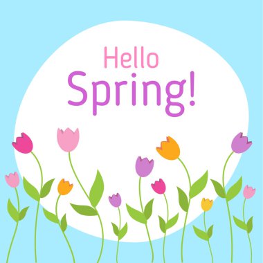 Laleler ile taze bahar arka plan. Merhaba Bahar. Çiçek açan lalelerle tebrik kartı. Düz yay vektör illüstrasyonu. 