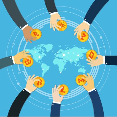 Cryptocurrencyes yatırım görsel kavramı. İşadamı elinde Kripto paraları tutuyor. Başarılı Trader. Kripto para değişimi.