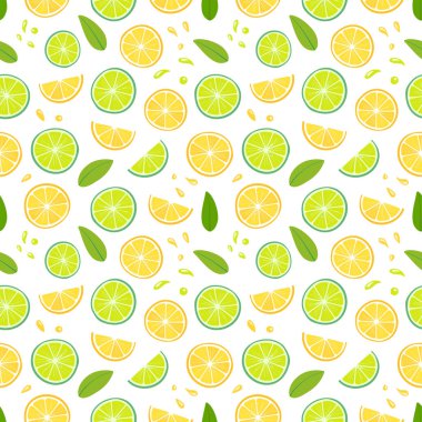 Limon ve limon el beyaz arka plan üzerinde dikişsiz desen çizilmiş. El Çizilmiş Tropikal Tasarım. Vektör Yaz Meyvelerillüstrasyon