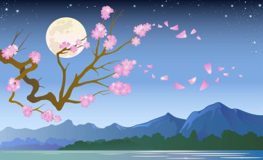 Dağ vektör illüstrasyon ile Japon manzara. Japon çiçeği sakura duvar kağıdı ile romantik sahne.