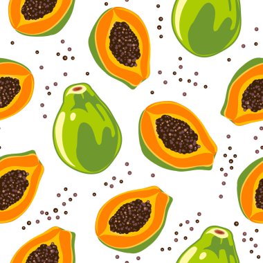 Papaya deseni. Tekstil, ambalaj kağıdı, kumaş ve et için arka plan üzerinde el çizilmiş papaya meyve desen