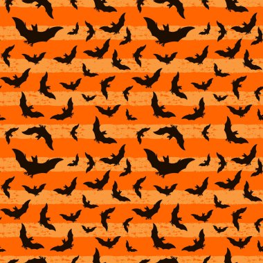 Turuncu arka plan ile Yarasalar Halloween dikişsiz desen. Yarasalar siluet vektör arka plan.