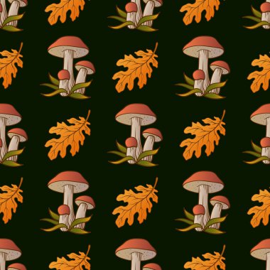 Kuruş çörek mantar ve sonbahar yaprakları ile Sonbahar dikişsiz desen. Hediye kağıdı için sonbahar el çizilmiş desen, desen doldurur, web sayfası arka plan, sonbahar tebrik kartı. 