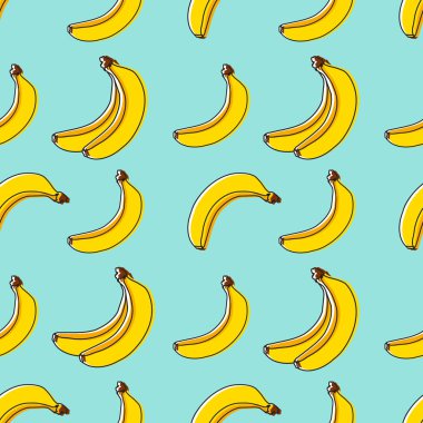 Arka planda sarı muz dikişsiz vektör deseni. Duvar kağıtları için el çizilmiş muz desen, desen dolgular, arka planlar, yüzey dokular, tekstil. ambalaj kağıdı. 