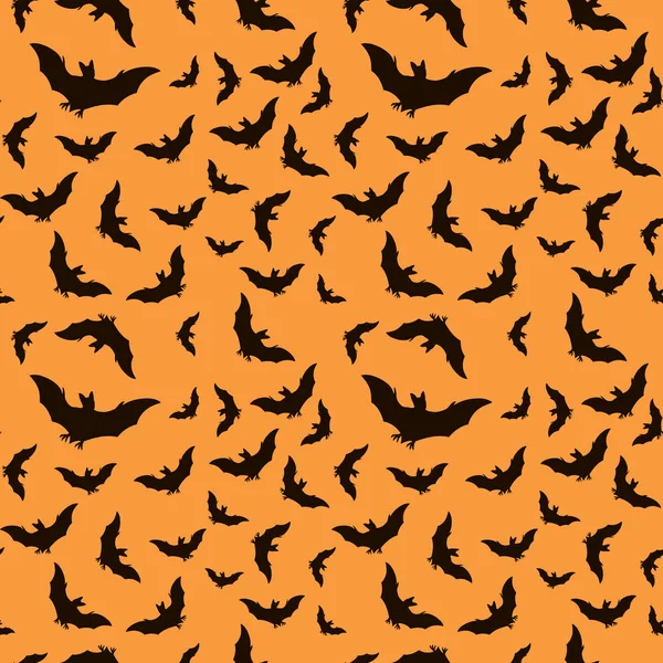 Fledermäuse Halloween Nahtlose Muster Mit Orangefarbenem Hintergrund Fledermäuse Silhouette Vektor — Stockvektor