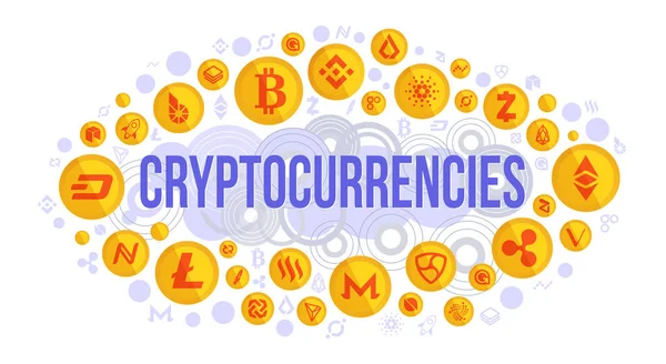 Kryptowährungsvektorhintergrund Bitcoin Litecoin Ethereum Monero Ripple Zcash Dash Stratis Nem — Stockvektor