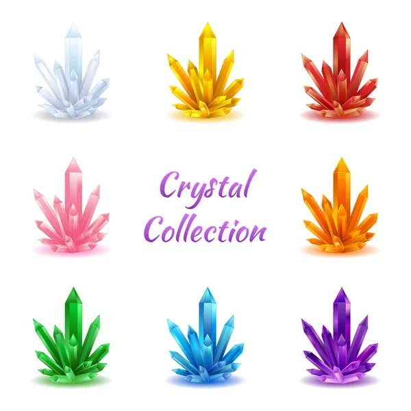 Sihirli kristaller seti. İzole beyaz arka plan vektör illüstrasyon kristalleri toplama. Taş iyileştirici enerji. Ametist, topaz, sitrin, gül kuvars, kyanit, yakut, yeşil değerli taş