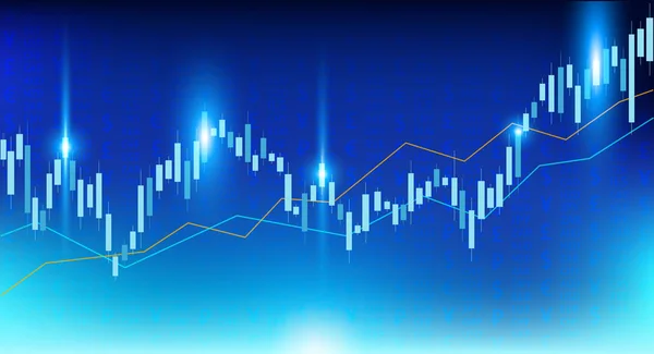 ローソク足証券取引所の背景ベクトル 世界通貨記号を持つ外国為替青い背景 — ストックベクタ