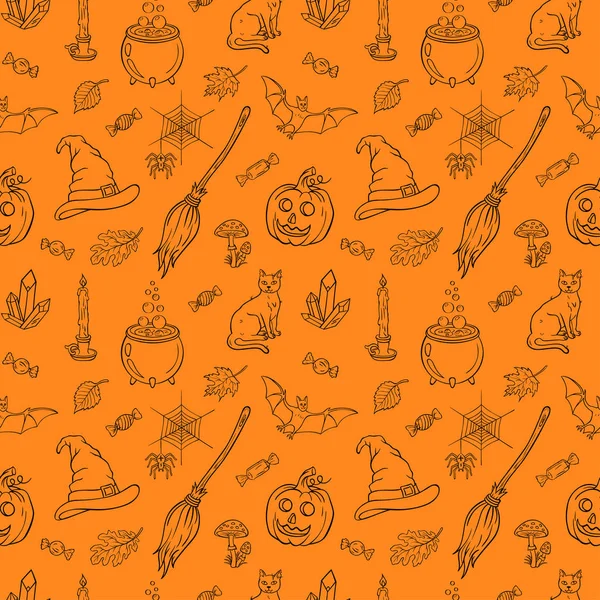 Halloween Dessin Main Motif Sans Couture Modèle Halloween Avec Citrouilles — Image vectorielle