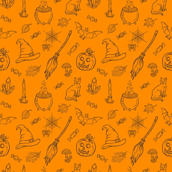 Halloween Dessin Main Motif Sans Couture Modèle Halloween Avec Citrouilles — Image vectorielle