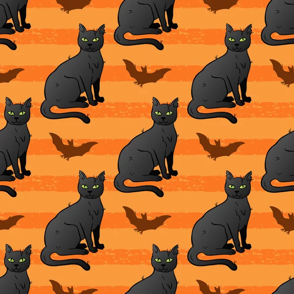Tło Wektorowe Halloween Czarnych Kotów Nietoperzy Wzór Halloween Pasiasty Nietoperzem — Wektor stockowy