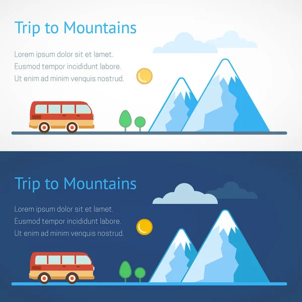 Travel concept vector illustration. Trip to Mountains. Road trip. Mountain landscape. Outdoor recreation. Adventures in nature. Vacation trip. Modern flat design. Travel banner.