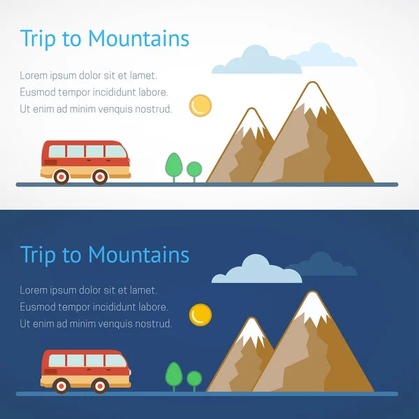 Travel concept vector illustration. Trip to Mountains. Road trip. Mountain landscape. Outdoor recreation. Adventures in nature. Vacation trip. Modern flat design. Travel banner.