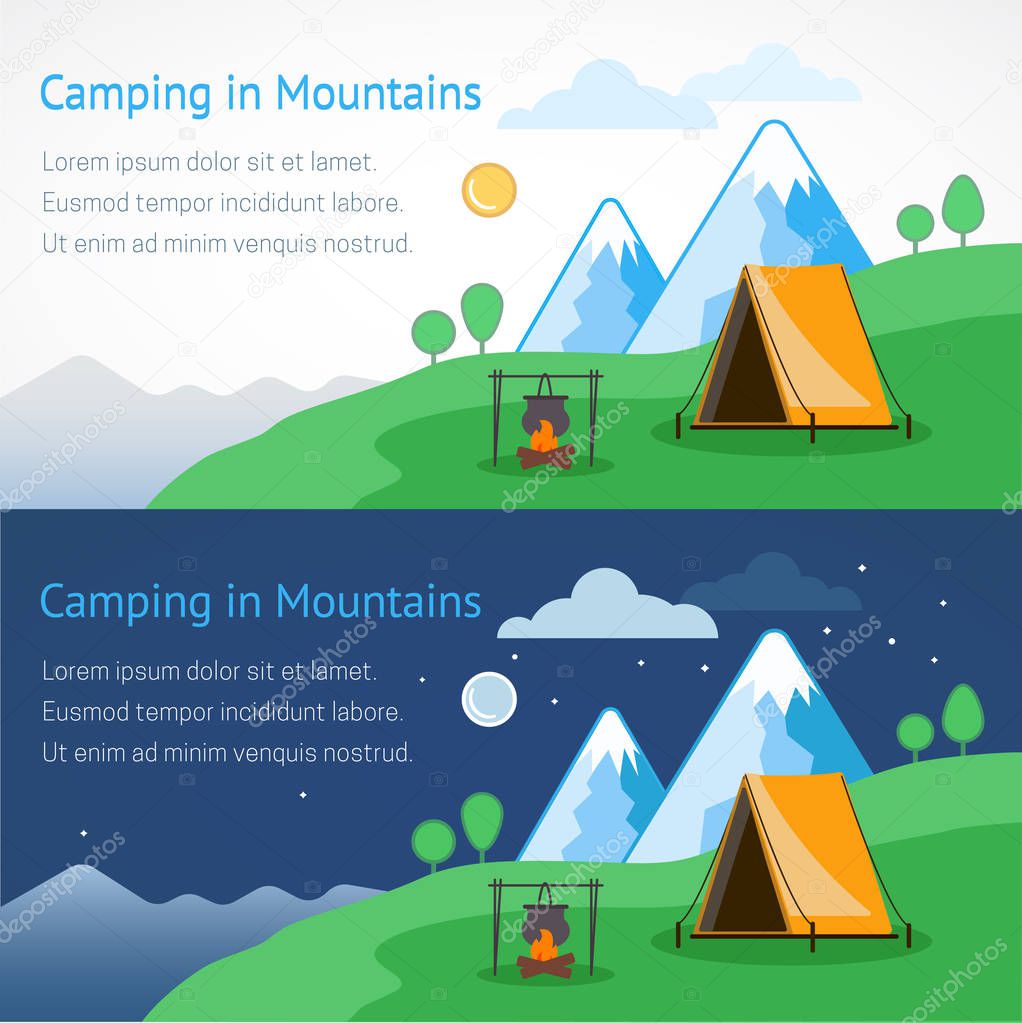 Camping in Mountains vector illustration. Vector flat banner on the theme of Climbing, Trekking, Hiking, Walking. Sports, Camping, outdoor recreation, adventures in nature, vacation. Evening camp