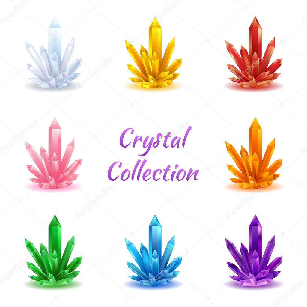 Set of magic crystals. Crystals collection on isolated white background vector illustration. Stone healing energy. Amethyst, topaz, citrine, rose quartz, kyanite, ruby, green gemstone