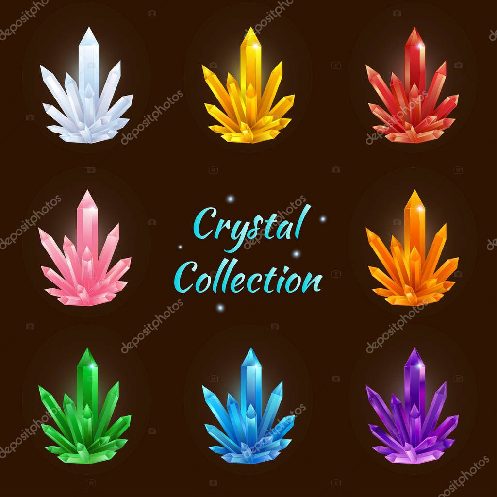 Set of magic crystals. Crystals collection on isolated white background vector illustration. Stone healing energy. Amethyst, topaz, citrine, rose quartz, kyanite, ruby, green gemstone