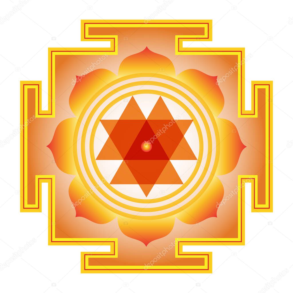 Orange Mandala. Shri Durga-Yantra. Indian mandala yantra. Hinduism vector symbol. Amulet from India. Orange geometric symbol.