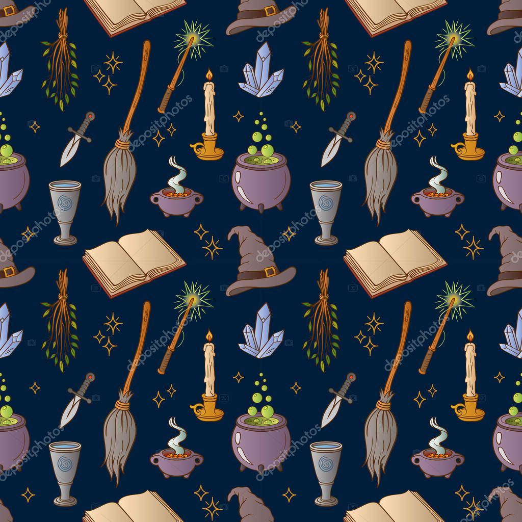 Wizardry pattern with magic objects. Wicca, Witchcraft, esoteric, divination and occult pattern with hand drawn magic objects for mystic rituals. - Vector