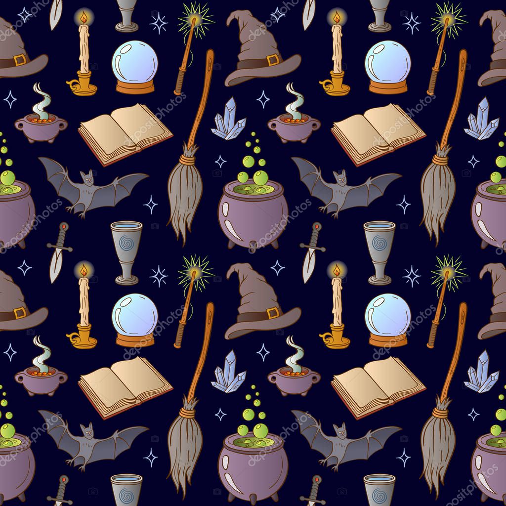 Wizardry pattern with magic objects. Wicca, Witchcraft, esoteric, divination and occult pattern with hand drawn magic objects for mystic rituals. - Vector