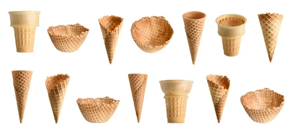 Collection Empty Ice Cream Cone Isolated White Background — Stock Photo, Image
