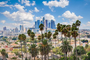 Güzel bir bulutlu gün Los Angeles şehir manzarası ve palmiye ağaçlarının ön planda