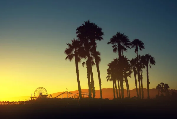 Wunderschöner Sonnenuntergang Zwischen Den Palmen Santa Monica Beach Kalifornien Vereinigte — Stockfoto