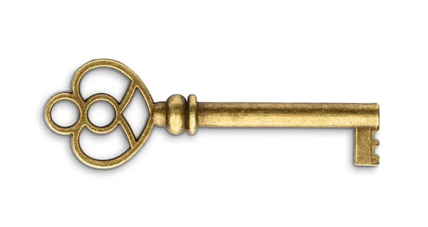 Vintage golden skeleton key isolated on white background — Stock Photo, Image