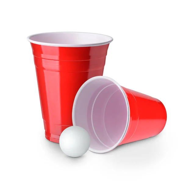 Ölpong. Röda plastkoppar och ping pong Ball solated på vitt — Stockfoto