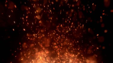 Gece gökyüzündeki büyük ateşten yanan kırmızı kıvılcımlar uçuşuyor. Ateş, ışık ve yaşam teması üzerine çok soyut bir arka plan. Yanan közler siyah arkaplan üzerinde uçan parçacıklar.