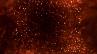 Gece gökyüzündeki büyük ateşten yanan kırmızı kıvılcımlar uçuşuyor. Ateş, ışık ve yaşam teması üzerine çok soyut bir arka plan. Yanan közler siyah arkaplan üzerinde uçan parçacıklar.