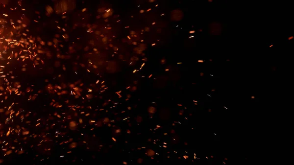 Gece gökyüzündeki büyük ateşten yanan kırmızı kıvılcımlar uçuşuyor. Ateş, ışık ve yaşam teması üzerine çok soyut bir arka plan. Yanan közler siyah arkaplan üzerinde uçan parçacıklar.