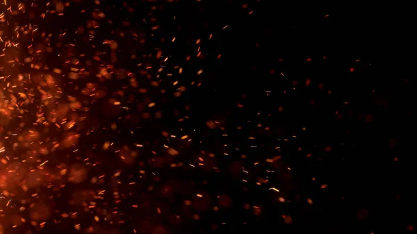 Gece gökyüzündeki büyük ateşten yanan kırmızı kıvılcımlar uçuşuyor. Ateş, ışık ve yaşam teması üzerine çok soyut bir arka plan. Yanan közler siyah arkaplan üzerinde uçan parçacıklar.
