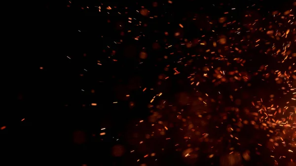 Gece gökyüzündeki büyük ateşten yanan kırmızı kıvılcımlar uçuşuyor. Ateş, ışık ve yaşam teması üzerine çok soyut bir arka plan. Yanan közler siyah arkaplan üzerinde uçan parçacıklar.