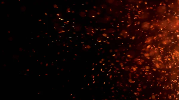 熱い赤い火花が夜空の大きな火から飛びます 光と生活のテーマに美しい抽象的な背景 黒い背景の上に粒子を飛び散らせて — ストック写真