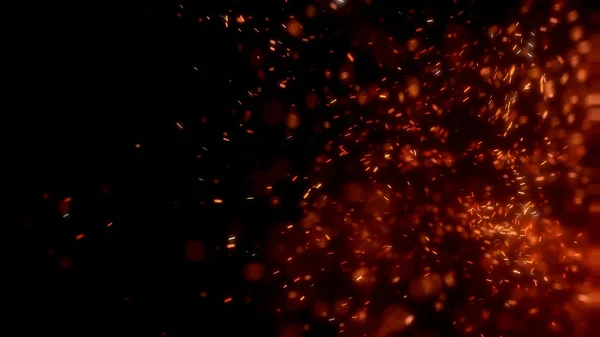 Gece gökyüzündeki büyük ateşten yanan kırmızı kıvılcımlar uçuşuyor. Ateş, ışık ve yaşam teması üzerine çok soyut bir arka plan. Yanan közler siyah arkaplan üzerinde uçan parçacıklar.