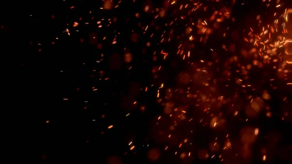 Gece gökyüzündeki büyük ateşten yanan kırmızı kıvılcımlar uçuşuyor. Ateş, ışık ve yaşam teması üzerine çok soyut bir arka plan. Yanan közler siyah arkaplan üzerinde uçan parçacıklar.