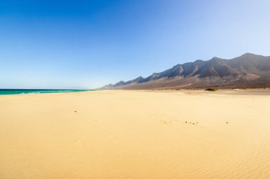 Sonsuz ufuk ile Amazing Cofete plaj. Arka planda volkanik tepeler ve Atlantik Okyanusu. Cofete beach, Fuerteventura, Kanarya Adaları, İspanya.