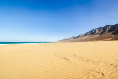 Sonsuz ufuk ile Amazing Cofete plaj. Arka planda volkanik tepeler ve Atlantik Okyanusu. Cofete beach, Fuerteventura, Kanarya Adaları, İspanya.