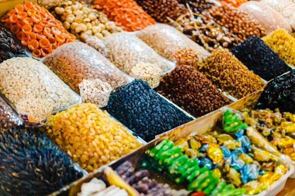 Marrakech Markt Verzameling Van Verschillende Rozijnen Droge Fruitmix Voedselmarkt Droog — Stockfoto