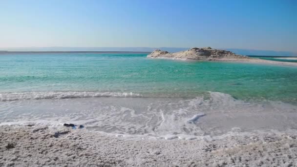 Niesamowita Plaża Morza Martwego Widok Wybrzeże Morza Martwego Kryształy Soli — Wideo stockowe