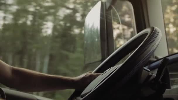 Truck Driver Rides Destination Man Holding His Hands Steering Wheel — Stock Video