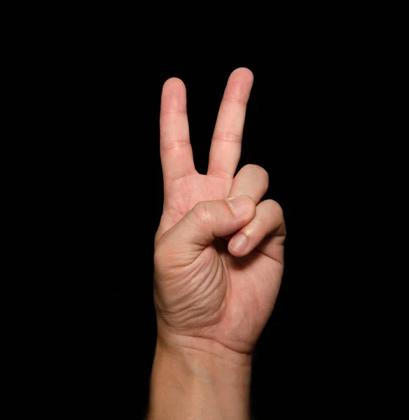 Mano Del Hombre Que Sostiene Dos Dedos Signo Que Significa — Foto de Stock
