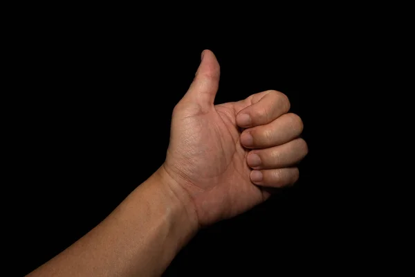 Mano Del Hombre Que Pulgar Hacia Arriba Símbolo Admiración Sobre — Foto de Stock