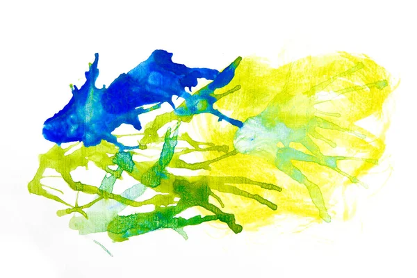 Foto Azul Abstrato Verde Amarelo Respingo Aquarela Desenhado Soprando Papel — Fotografia de Stock