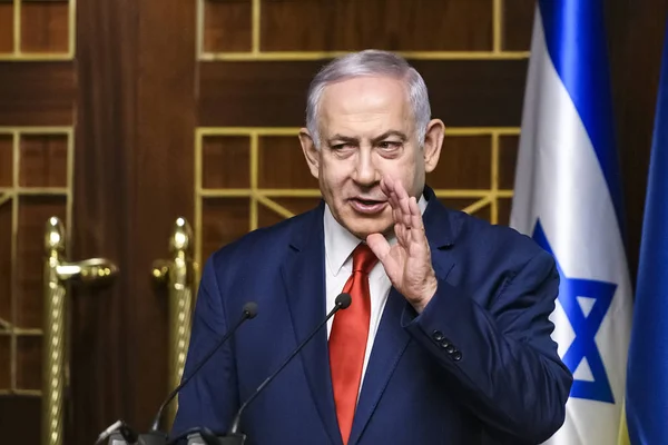 Minister President Van Israël Benjamin Netanyahu Tijdens Een Bezoek Aan — Stockfoto