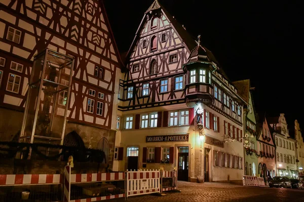 Nattutsikt Över Traditionella Korsvirkeshus Smal Medeltida Gata Rothenburg Der Tauber — Stockfoto