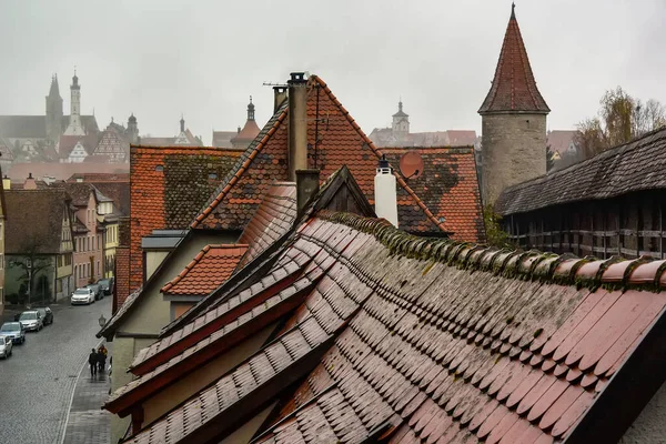 Utsikt Från Stadsmuren Fasader Och Tak Medeltida Gamla Stan Rothenburg — Stockfoto