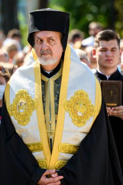 Konstantinopolis Ortodoks Kilisesi Piskoposu Ukrayna, Kyiv 'deki Ortodoks ayini sırasında Galyalı Metropolitan Emmanuel. 29 Ağustos 2020.